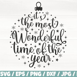 Könnte beinhalten: Schwarzweißes Grafikdesign eines Weihnachtsbaumanhängers mit dem Text "it's the most Wonderful time of the year".