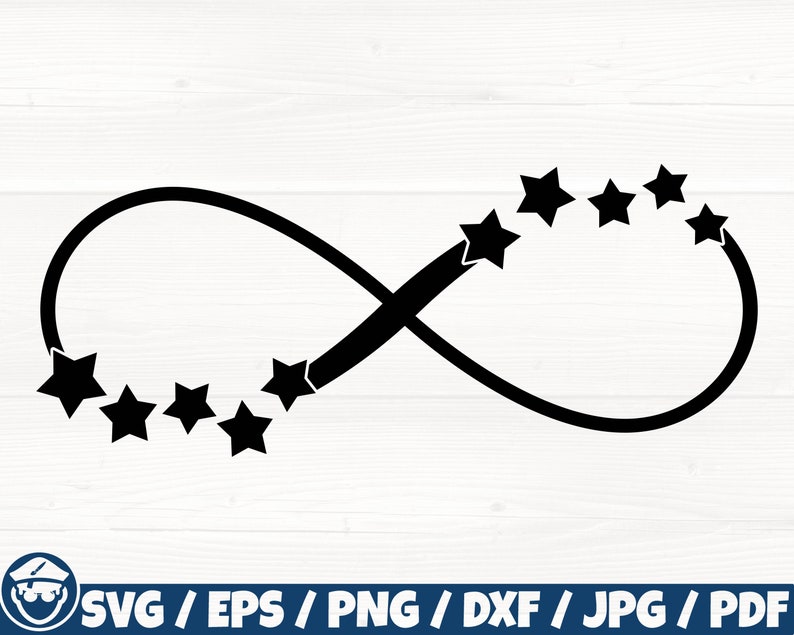 May include: Black infinity symbol with a string of stars on each side. The stars are all the same size and shape.