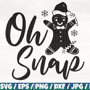May include: Black and white graphic design of a gingerbread man with a candy cane in his hand and the text "Oh Snap" in a cursive font.
