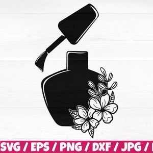 Puede incluir: Silueta en blanco y negro de una botella de esmalte de uñas con un pincel y detalles florales.