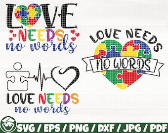 Kärlek behöver inga ord x3 Svg/Eps/Png/Dxf/Jpg/Pdf, Kärlek Autism Svg, Autism Awareness Svg, Autism Heart Png, Kärlek Clipart, Autism Commercial Svg