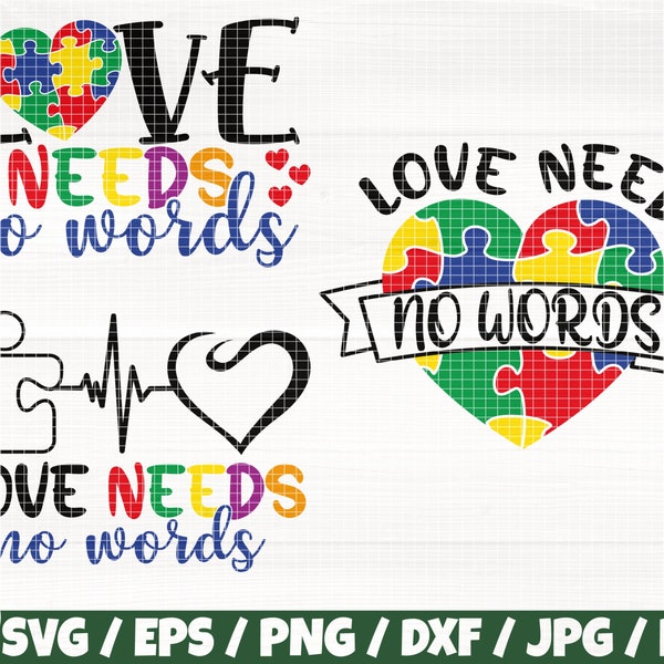 L’amour n’a pas besoin de mots x3 Svg / Eps / Png / Dxf / Jpg / Pdf, Amour Autisme Svg, Conscience de l’autisme Svg, Autism Heart Png, Love Clipart, Autism Commercial Svg