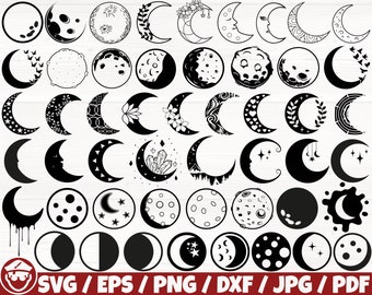 May include: A set of 48 black and white moon and crescent moon illustrations. The moons are in various styles, including simple outlines, detailed designs, and moons with stars, crystals, and other decorative elements.