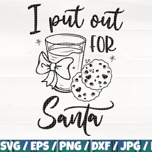 Pode incluir: Ilustração em preto e branco de um copo de leite e biscoitos com o texto "I put out for Santa".