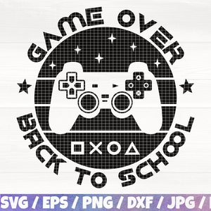 Peut inclure: Conception graphique en noir et blanc d'une manette de jeu vidéo avec le texte "Game Over Back to School" dans un cercle.