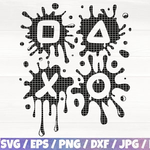 May include: Black and white graphic of four video game controller symbols, square, triangle, X, and circle, in a splatter paint design.