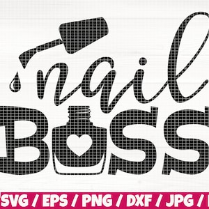 May include: Black and white design with the text "nail boss" and a nail polish bottle with a heart on it.