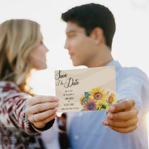 Casamento de girassol salve os cartões postais de data, perfeitos para um casamento em celeiro, rústico ou no outono