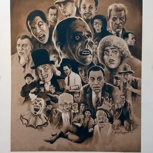 May include: A sepia-toned print featuring a collage of portraits of Lon Chaney, Sr. and other actors. The artwork includes the text "LON CHANEY, SR. A LIMITED EDITION TRIBUTE BY A. EDW. BRZEZINSKI" and is numbered 265/950.