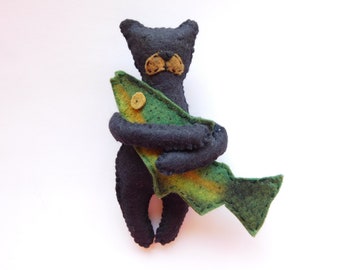 Friendly Black Bear with Fish Felt Ornament