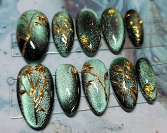 Green Cat-Eye and Gold Chrome Floral Hand-painted Press-on Nails