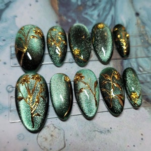 Green Cat-Eye and Gold Chrome Floral Hand-painted Press-on Nails