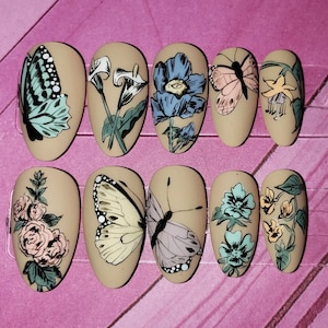 Vintage Butterfly and Floral Hand-painted Press-on Nails