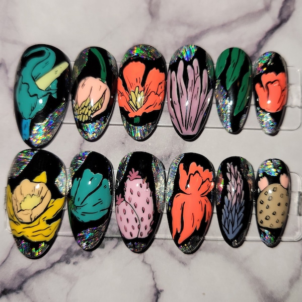 Black Neon Holographic Floral Design Hand-painted Press-on Nails