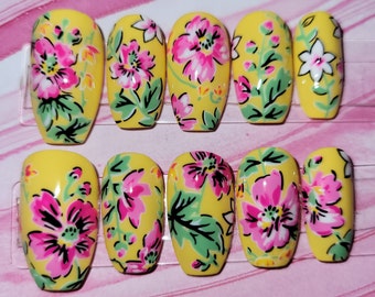 Pink & Yellow Floral Hand-painted Press-on Nails