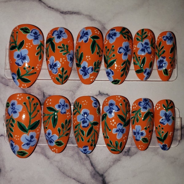 Orange Hand-painted Press on Nails With Periwinkle Florals