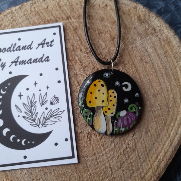 Mushroom necklace, mushroom accessories for goths, pagan witch jewellery, mushroom lovers gift, painted clay mushroom, woodland mushroom