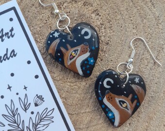 FOX EARRINGS, illustrated jewellery, art to wear, artisan fox earrings, red fox jewellery, moon gazing fox, fox lovers gift, fox present