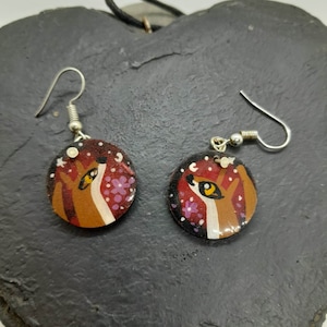 Fox earrings, funky fox jewellery, moon gazing fox, red fox jewellery, wooden earrings, artisan earrings, art to wear, illustrated earrings