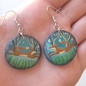 Leaping fox painted earrings, hand painted fox earrings, fox jewellery, fox lovers gift, fox earrings, fox gift, gift for fox lover