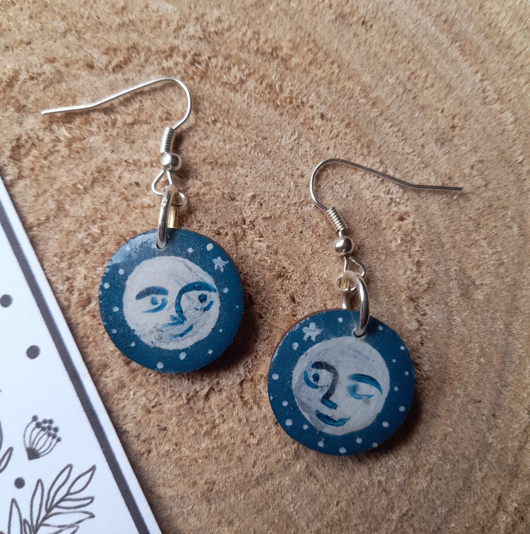Moon Earrings Painted Moon Jewellery Full Moon Earrings Etsy