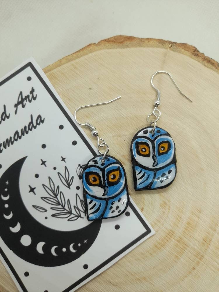 Owl earrings, snow owl earrings, hedge witch earrings, green witch earrings, owl gifts, hand painted