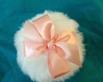 Luxurious Body powder puff, 4 inches with peach ribbon handle and bow