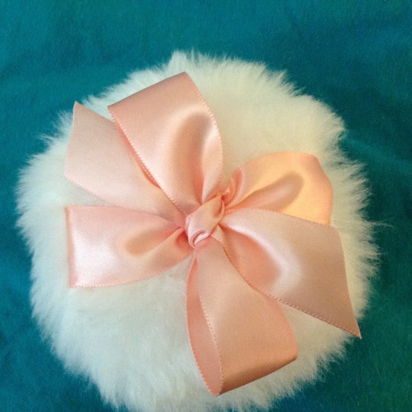 Luxurious Body powder puff, 4 inches with peach ribbon handle and bow