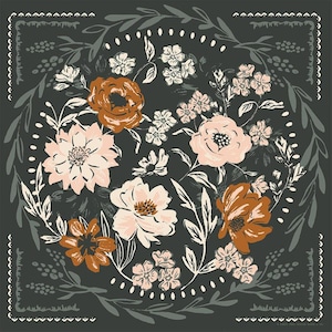 May include: Square bandana with a floral design. The bandana has a dark grey background with a pattern of flowers in shades of peach, white, and brown. The edges are decorated with a white dotted border.