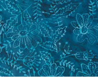 May include: Teal blue fabric with a white floral pattern. The fabric features a repeating design of stylized flowers and leaves.