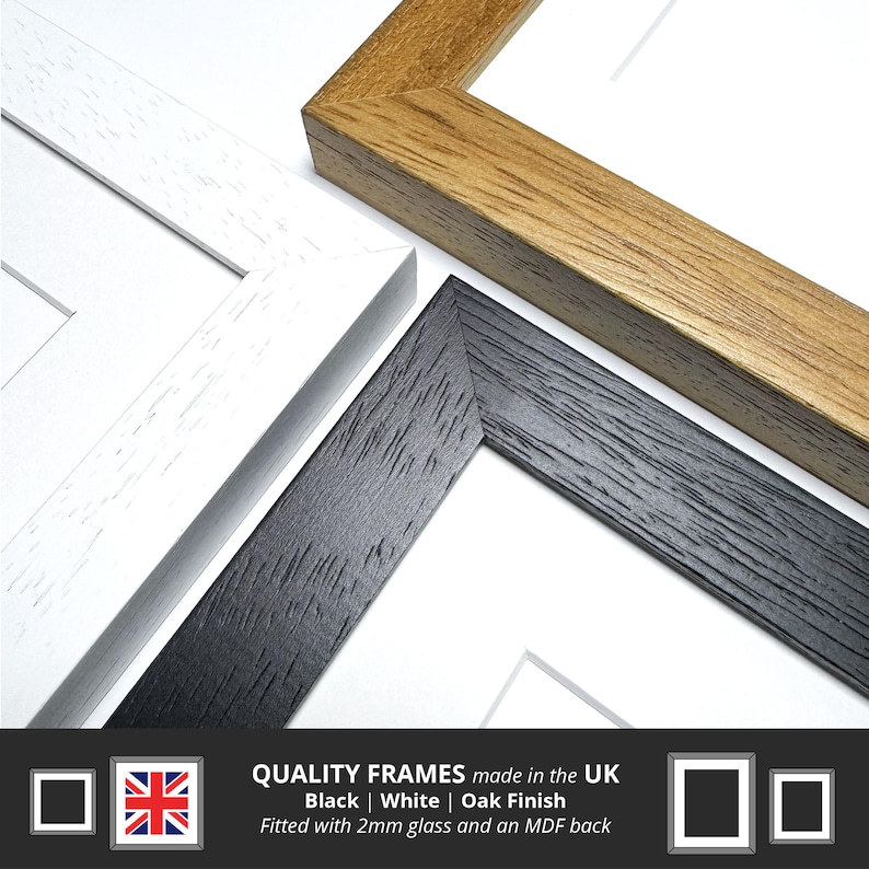 May include: Three picture frames, one black, one white, and one oak finish. The frames are made in the UK and are fitted with 2mm glass and an MDF back.