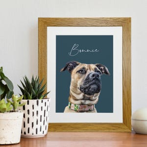 The dogs portrait features a close-up of its face with a dark, dusky blue background.  The dog is looking into the distance with a curious expression. Above the head, the name Rocky is printed in bold, hand written, white letters.