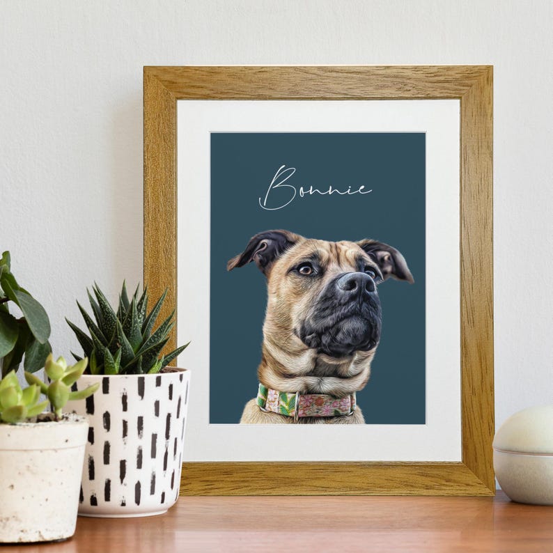 The dogs portrait features a close-up of its face with a dark, dusky blue background.  The dog is looking into the distance with a curious expression. Above the head, the name Rocky is printed in bold, hand written, white letters.