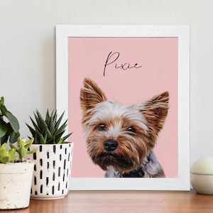 Set against a soft pink background, Pixie the terrier dog image is accentuated, creating a visually appealing contrast that draws attention. The name Pixie is printed above the portrait in cursive hand written font, adding a personalised element.