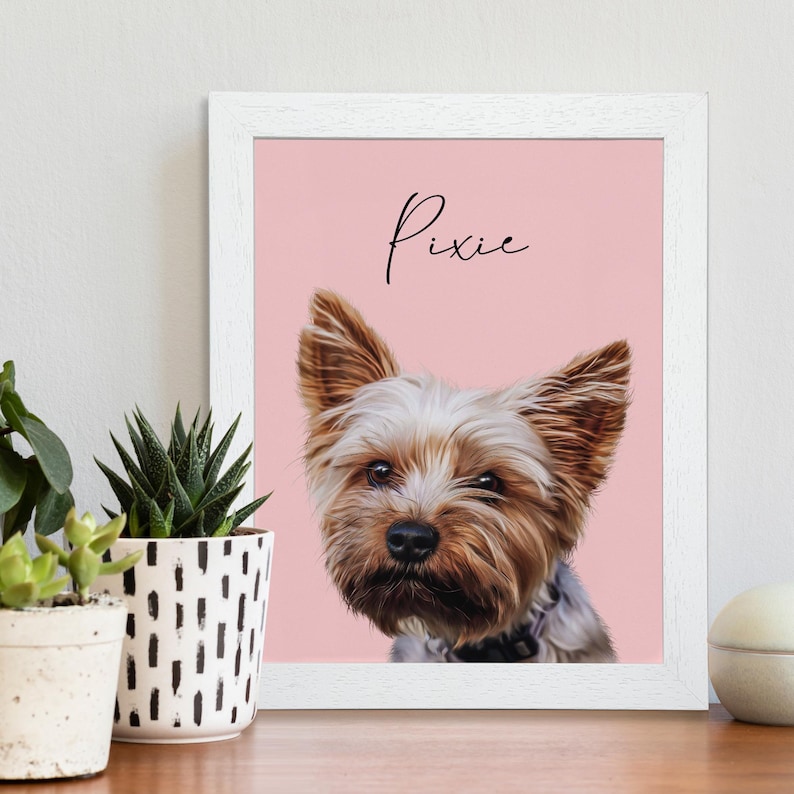 Set against a soft pink background, Pixie the terrier dog image is accentuated, creating a visually appealing contrast that draws attention. The name Pixie is printed above the portrait in cursive hand written font, adding a personalised element.