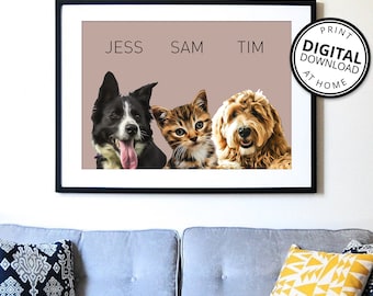 Three Pet Custom Portrait, Personalised Modern Pet Portrait, DIGITAL ARTWORK FILE, Print Your Own Art, Colourful Pet Wall Art SkuMODLAND