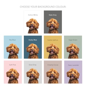 Choose your coloured background for your personalised dog portrait. 10 options to choose from; Cotton White, Slate Grey, Sky Blue, Dusky Blue, Subtle Saffron. Sage Green, Soft Pink, Dove Grey, Creamy Cocoa or Hazy Lavander.