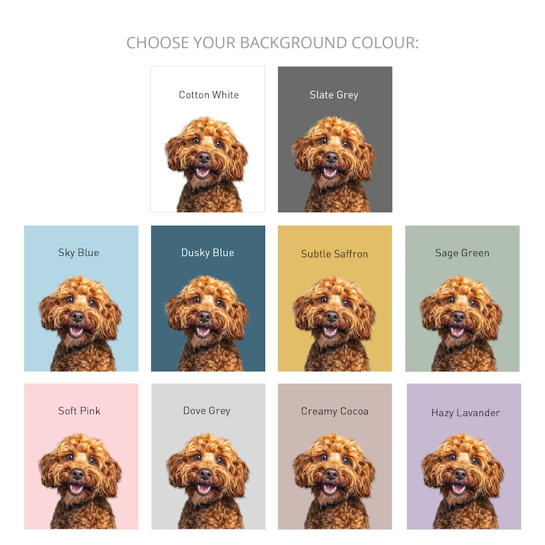 Choose your coloured background for your personalised dog portrait. 10 options to choose from; Cotton White, Slate Grey, Sky Blue, Dusky Blue, Subtle Saffron. Sage Green, Soft Pink, Dove Grey, Creamy Cocoa or Hazy Lavander.