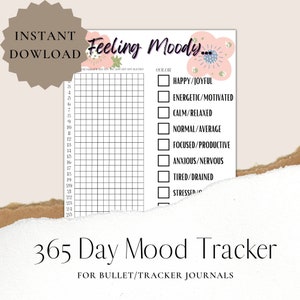 May include: A printable 365-day mood tracker with a floral design. The tracker has a grid for each day of the year and a list of mood options to check off. The text "Feeling Moody..." is at the top of the page.