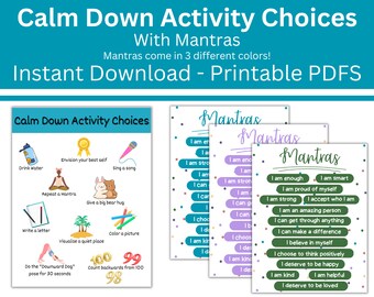 Calm Down Activity Choices Printable, Mantras Printable, Calm Down Corner Visual Aids