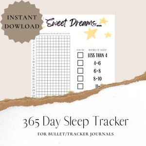 Könnte beinhalten: Ein druckbarer 365-Tage-Schlaf-Tracker mit einem Raster zum Protokollieren der Schlafstunden. Der Tracker hat den Titel "Sweet Dreams..." und einen Abschnitt zum Farbcodieren der Schlafdauer: weniger als 4 Stunden, 4-6 Stunden, 6-8 Stunden, 8-10 Stunden und 11+ Stunden.