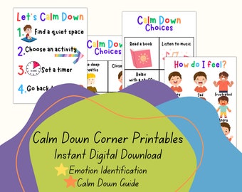 Op de afbeelding: Printbare set kleurrijke posters voor een rustige hoek. De posters bevatten een gids om te kalmeren, een lijst met kalmerende keuzes en een grafiek om emoties te identificeren. De tekst op de posters omvat "Let's Calm Down", "Calm Down Choices", "How do I feel?", "Emotion Identification" en "Calm Down Guide".