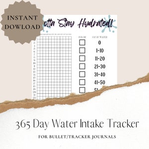 May include: A printable 365-day water intake tracker with a grid for marking daily water consumption. The tracker includes a checklist for marking ounces of water consumed, ranging from 0 to 50+ ounces.