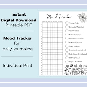 May include: A printable mood tracker with a grid for 31 days and a list of mood options, including happy, energetic, calm, normal, focused, anxious, tired, stressed, dull, sad, and angry. The tracker is decorated with black and white floral illustrations.