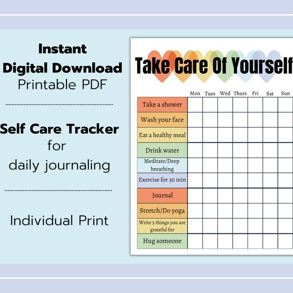 Self Care Tracker, Self Care Journal Page, Self Care Checklist