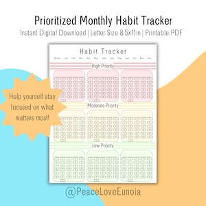 May include: A printable habit tracker with sections for high, moderate, and low priority tasks. The design includes a monthly calendar layout with space to track habits. The text reads "Prioritized Monthly Habit Tracker" and "Help yourself stay focused on what matters most!"