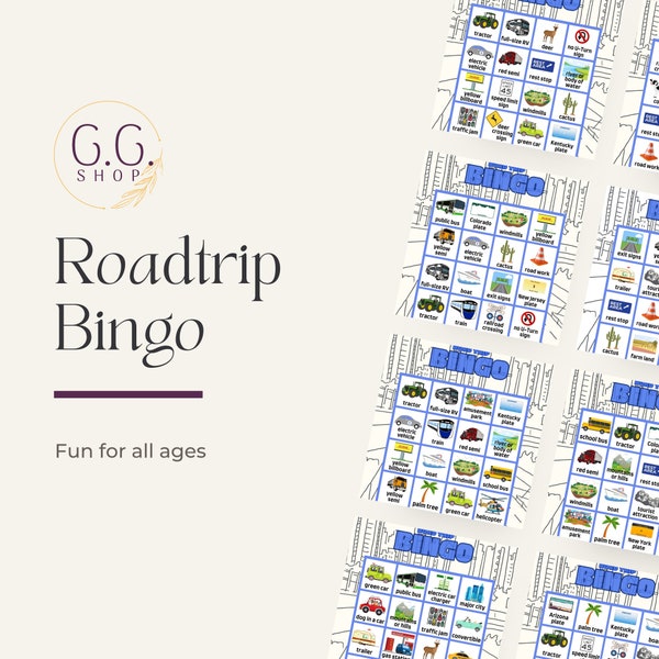 Printable road trip bingo game, car games, road trip games for kids, road trip games for families, printable bingo boards, game for families