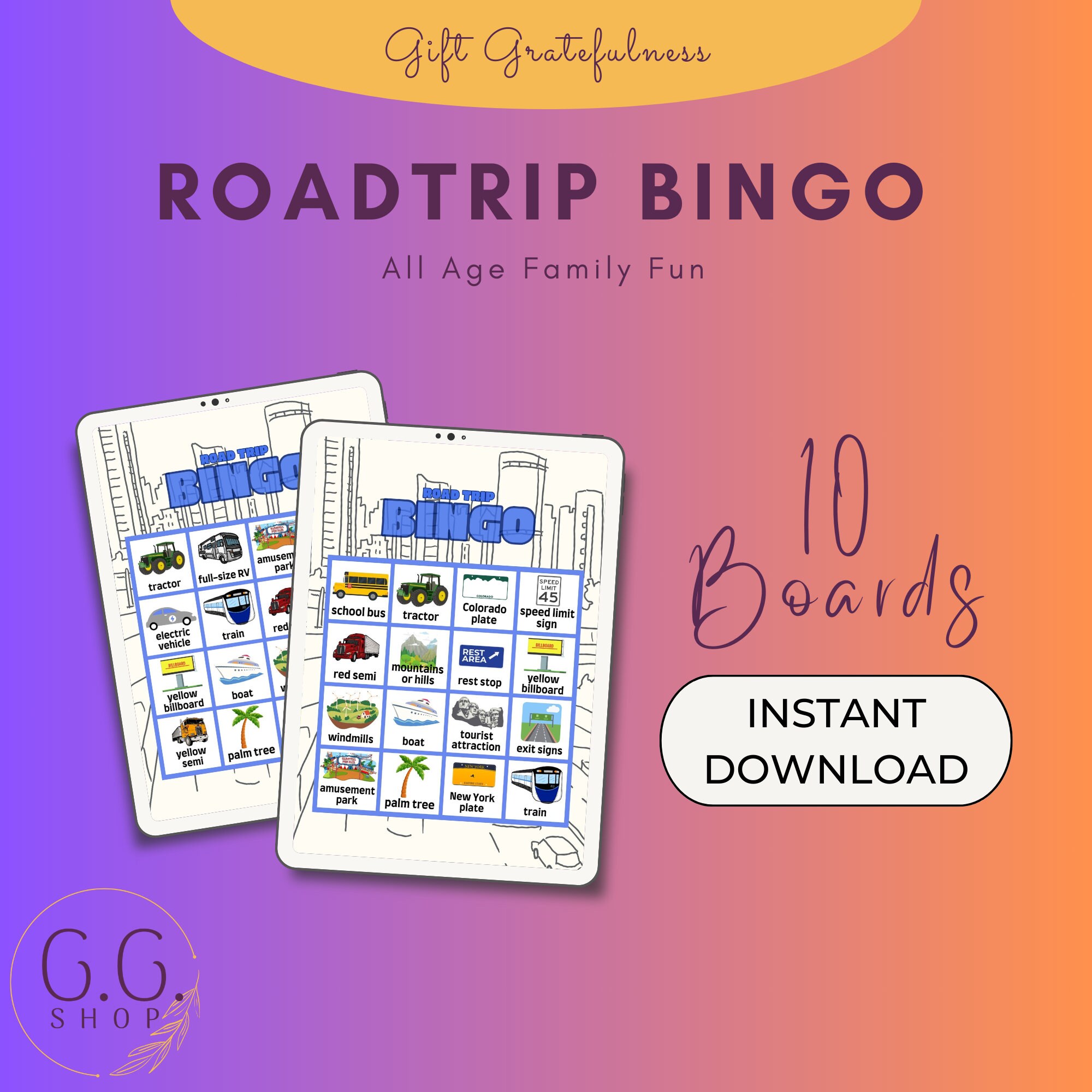 Family enjoying a road trip with a bingo game