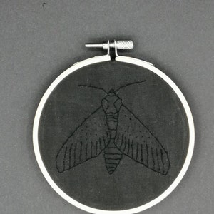 Hand stitched MOTH, black thread on black cotton blackground
