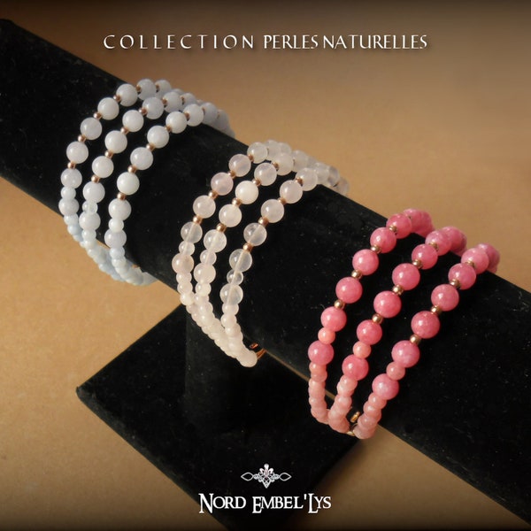 Bracelets 3 rangs rosé acier inoxydable laiton cuivre Perles Aigues-marines Quartz roses Rhodochrosites